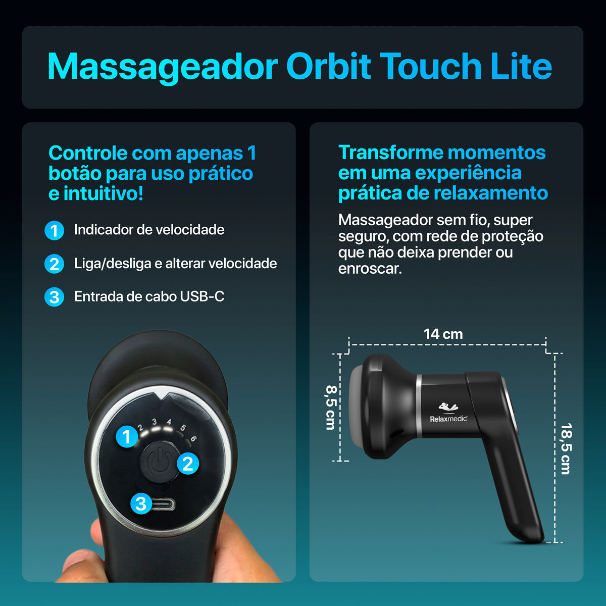 Massageador sem fio movimento circular e orbital Orbit Touch Lite 6 níveis
