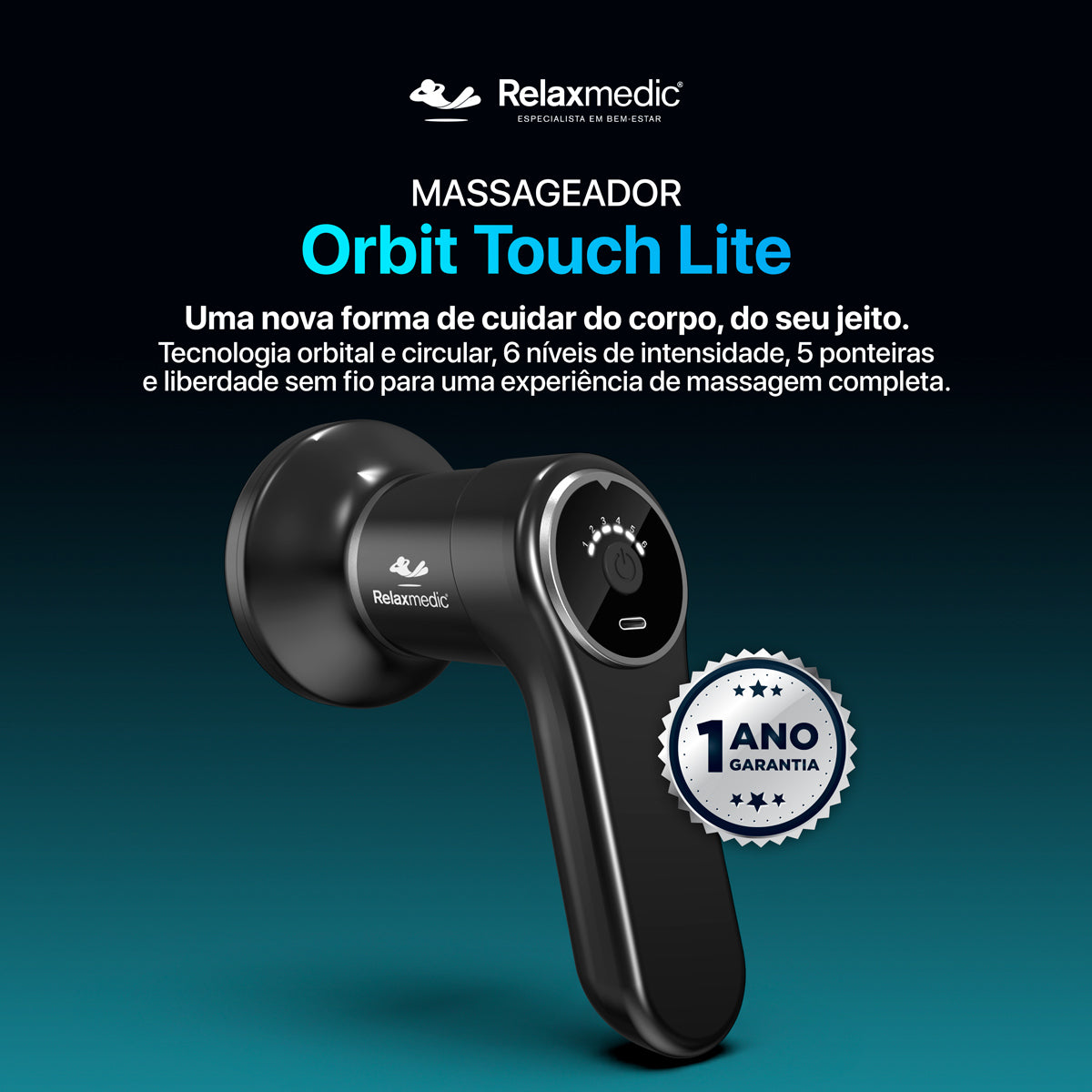 Massageador sem fio movimento circular e orbital Orbit Touch Lite 6 níveis