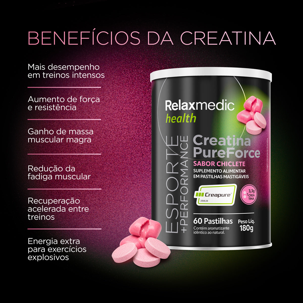 Creatina Pure Force - Sabor Chiclete 60 Cápsulas