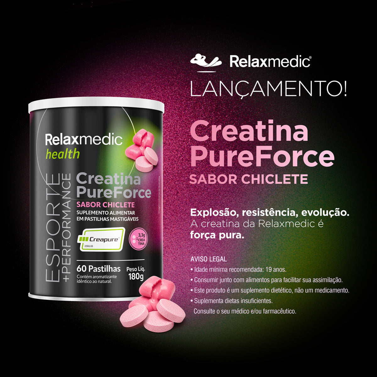 Creatina Pure Force - Sabor Chiclete 60 Cápsulas