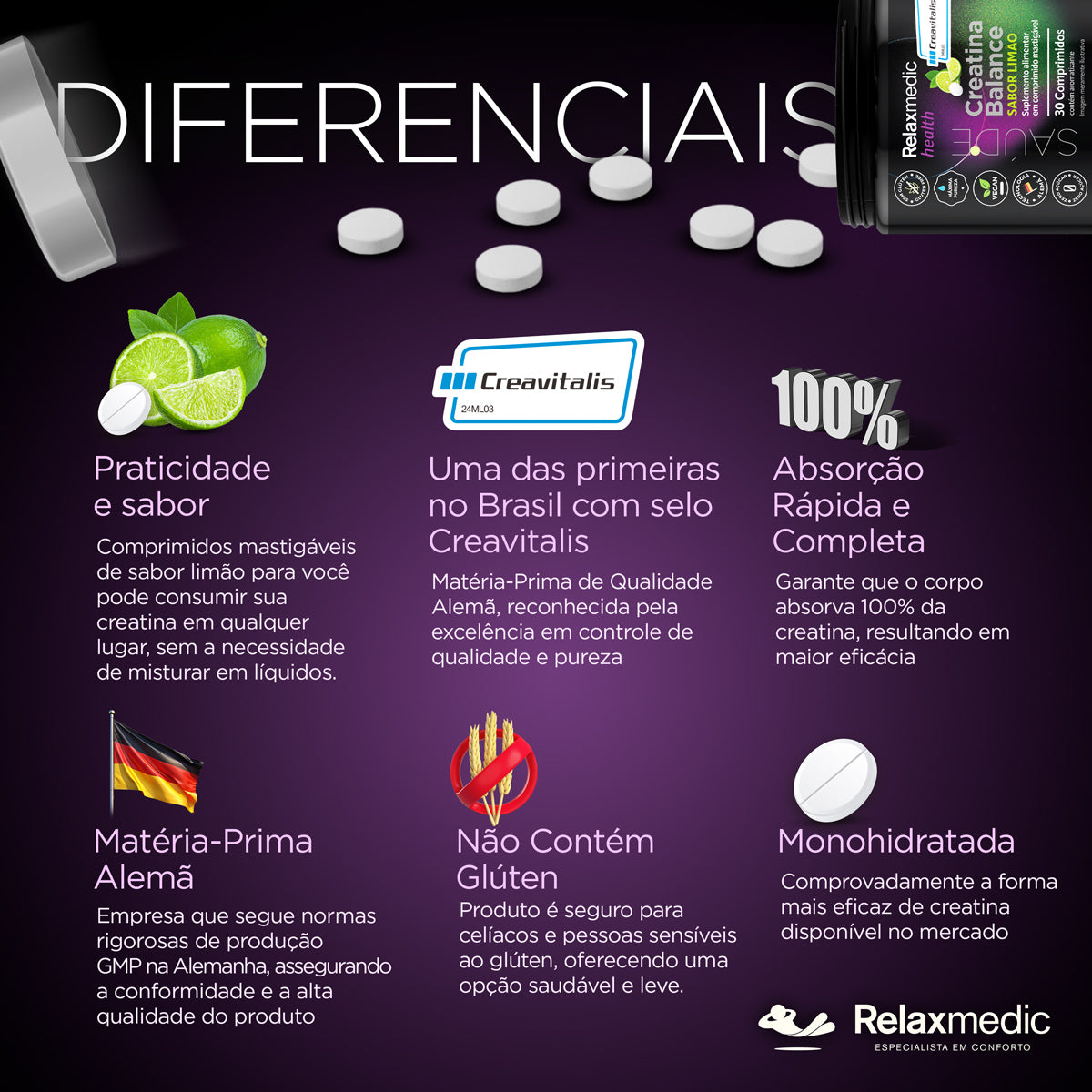 Creatina Alemã 100% Pura Creavitalis® - 30 Tabletes