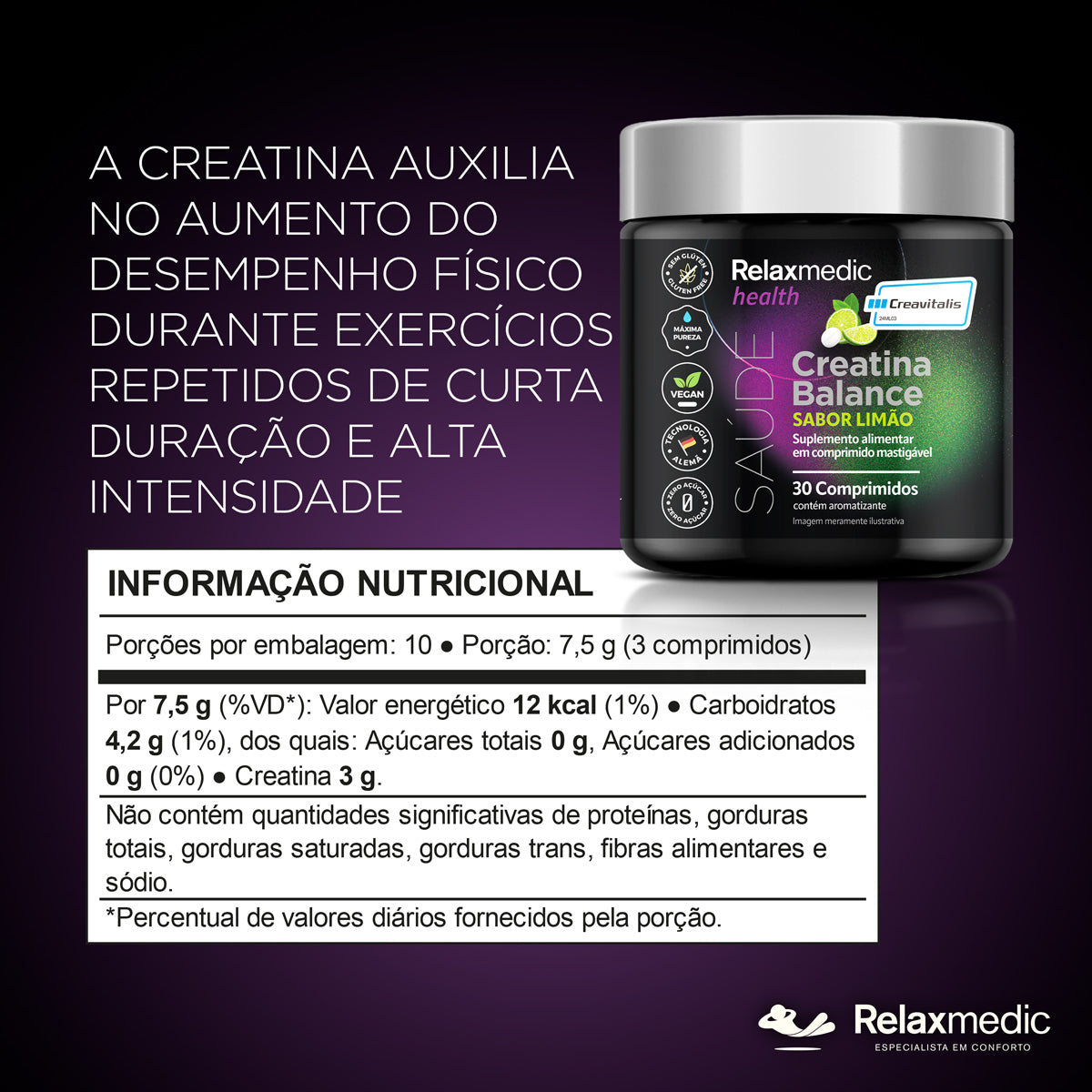 Creatina Alemã 100% Pura Creavitalis® - 30 Tabletes