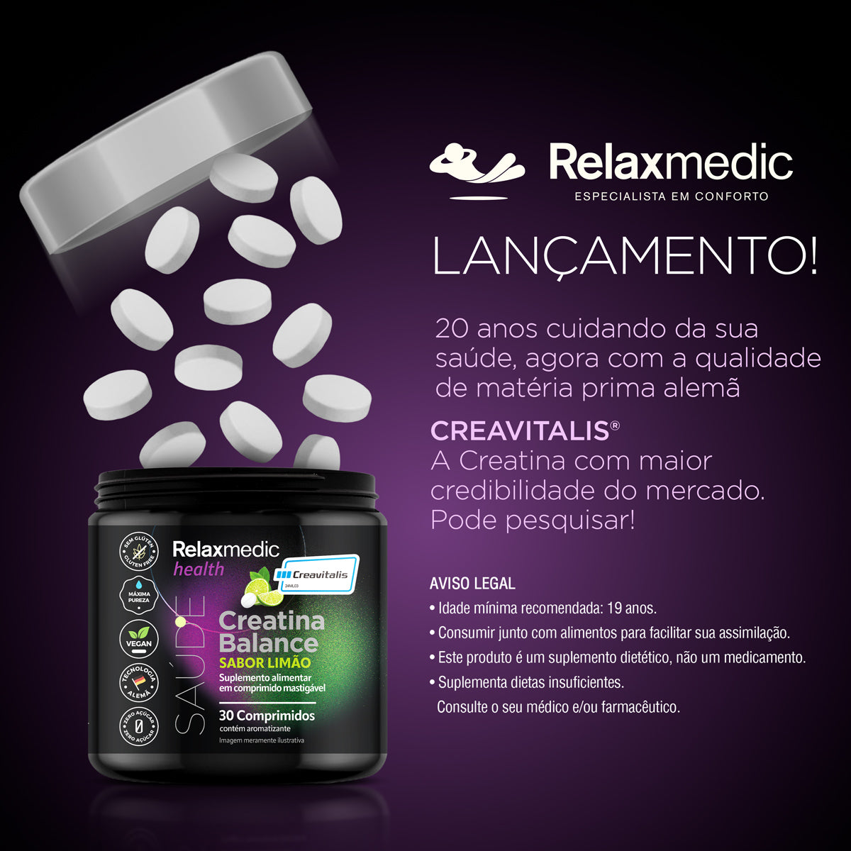 Creatina Alemã 100% Pura Creavitalis® - 30 Tabletes