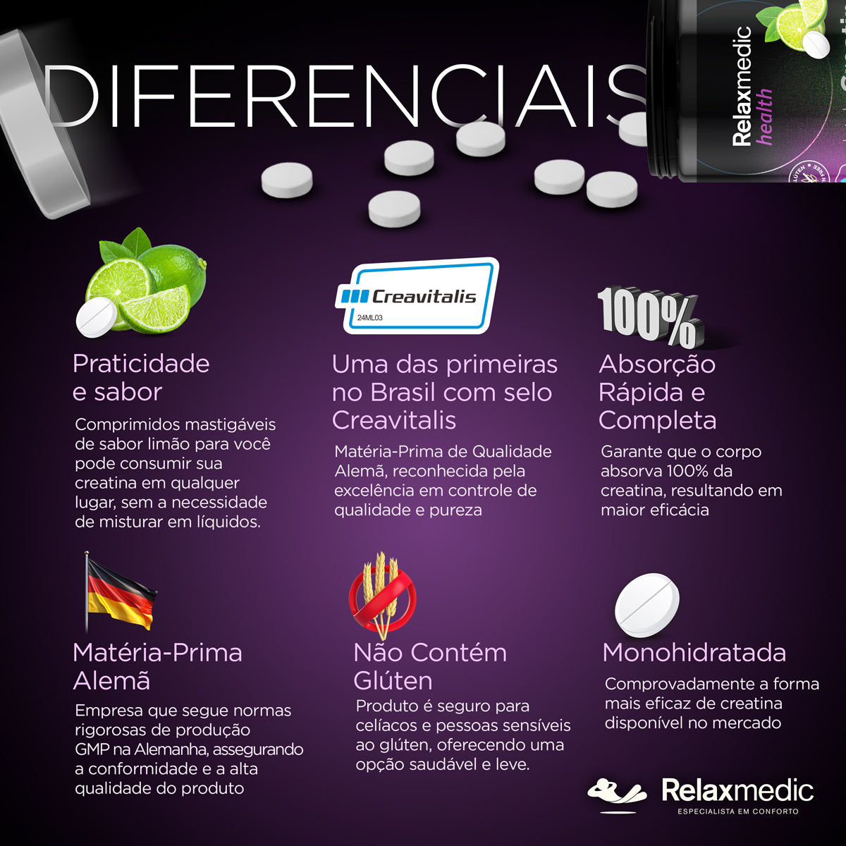 Creatina Alemã 100% Pura Creavitalis® - Matéria-prima Alemã - Micronizada - 90 Tabletes Sabor Limão