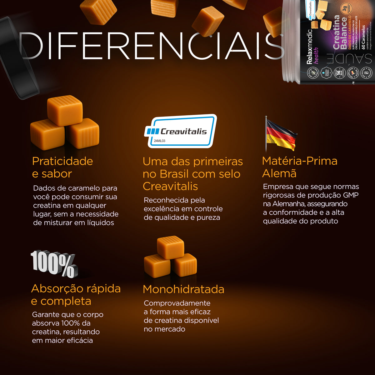 Creatina Dado de Caramelo 100% Pura Alemã Creavitalis® 60un