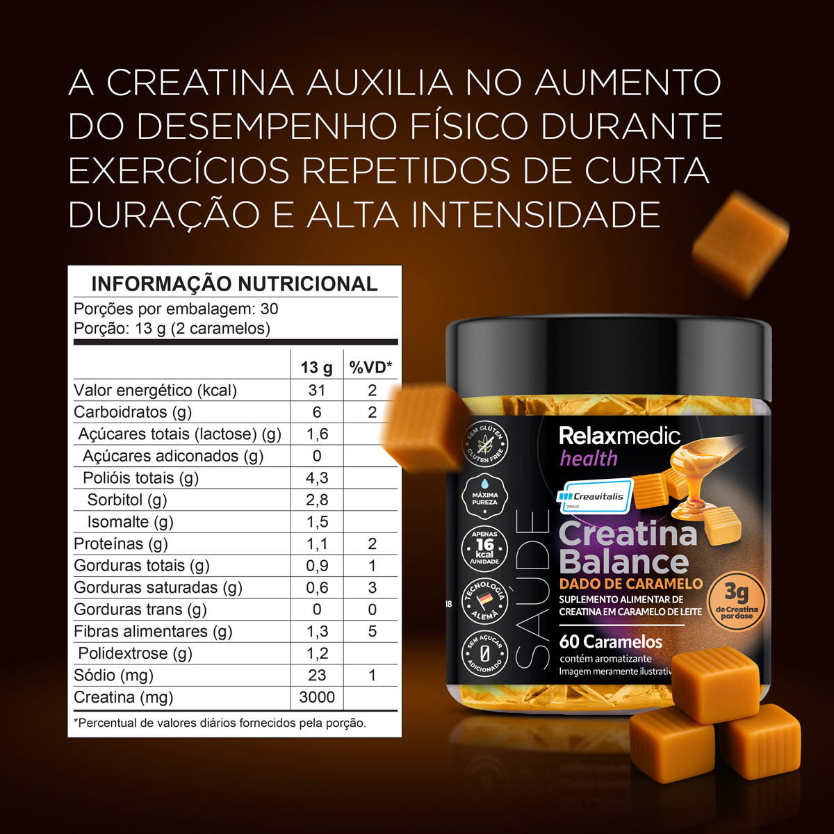 Creatina Dado de Caramelo 100% Pura Alemã Creavitalis® 60un