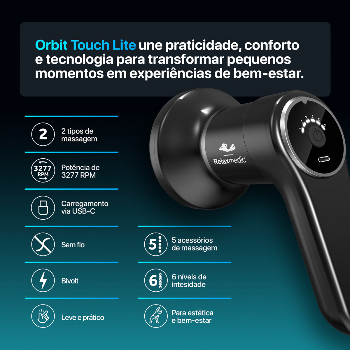 Massageador sem fio movimento circular e orbital Orbit Touch Lite 6 níveis