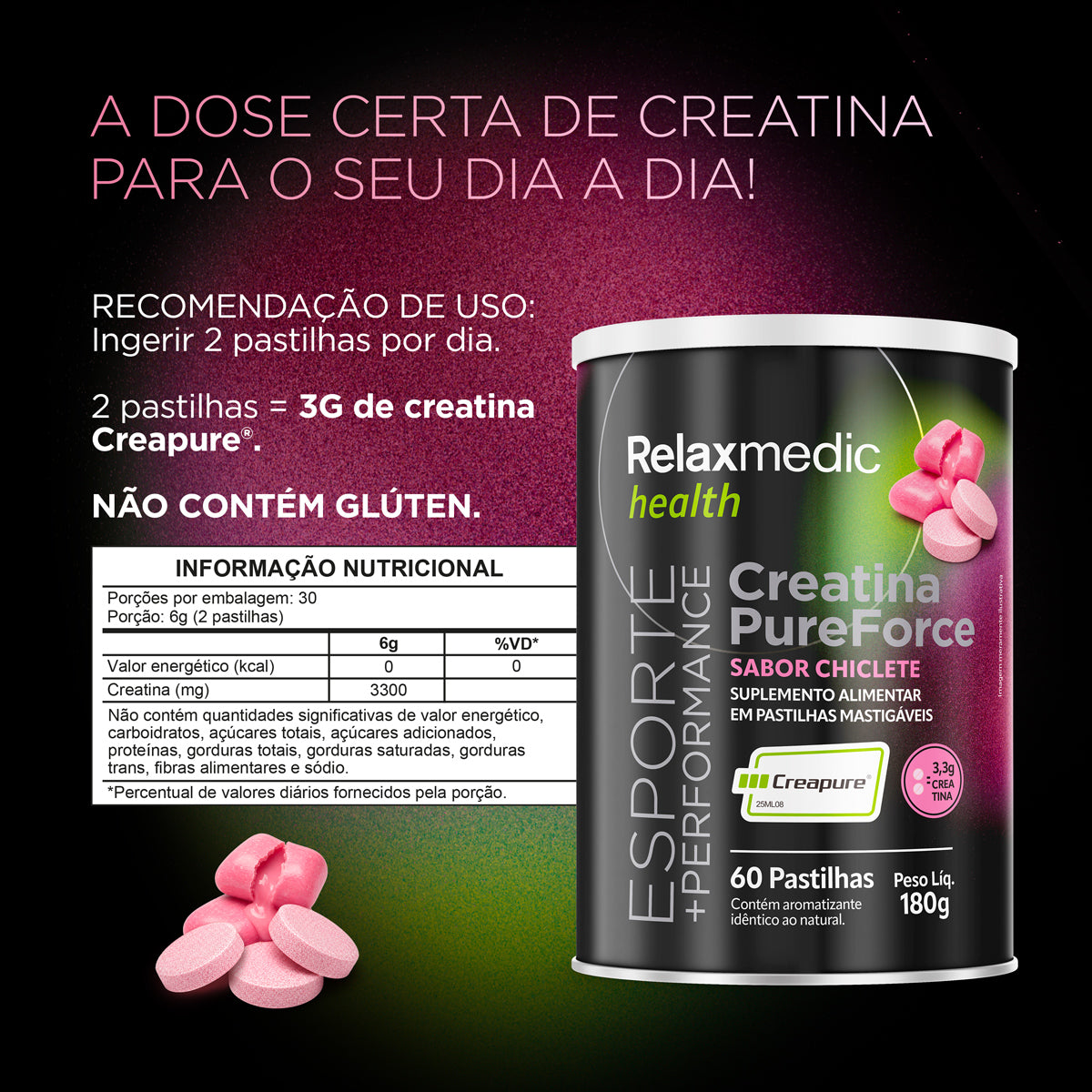 Creatina Pure Force - Sabor Chiclete 60 Cápsulas