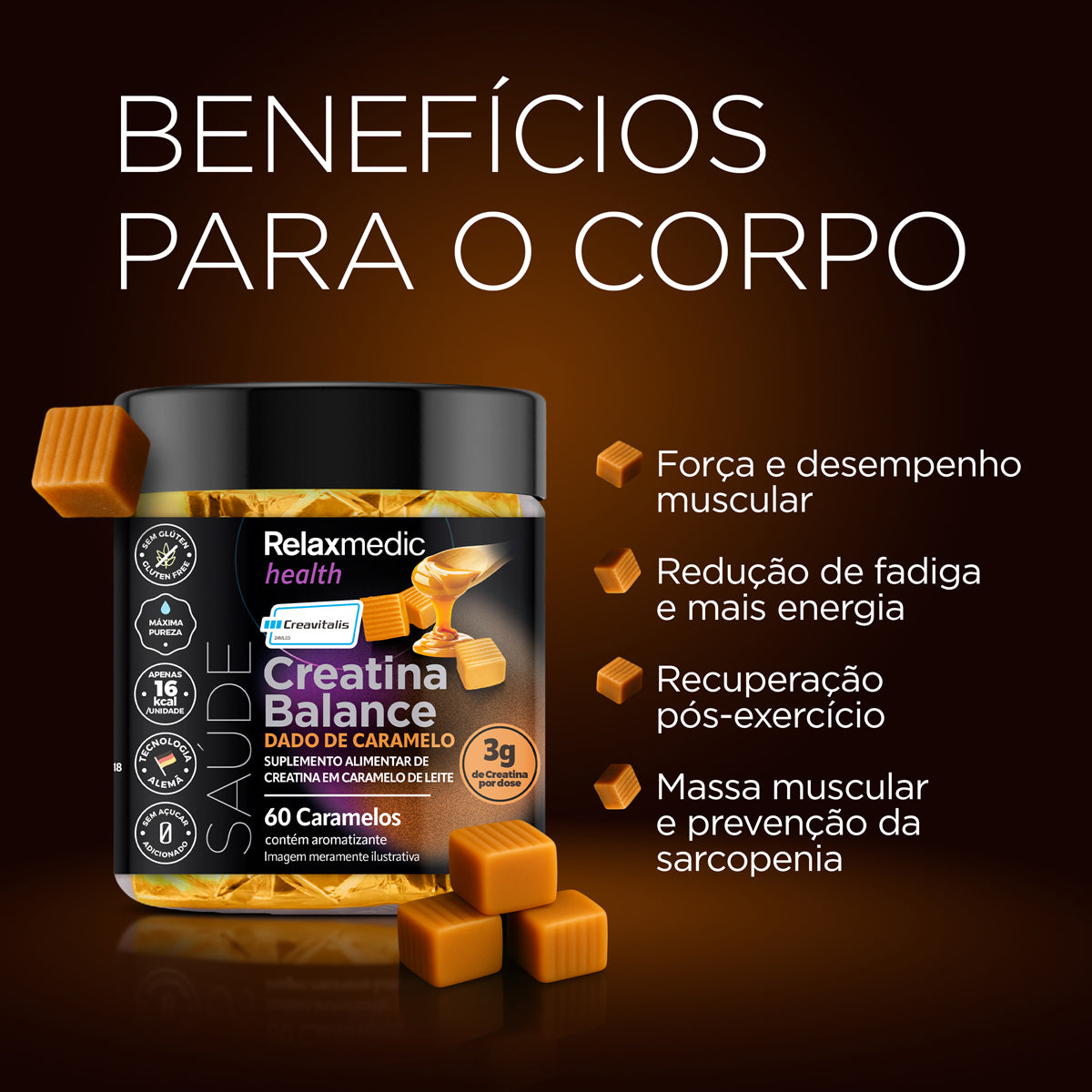 Creatina Dado de Caramelo 100% Pura Alemã Creavitalis® 60un