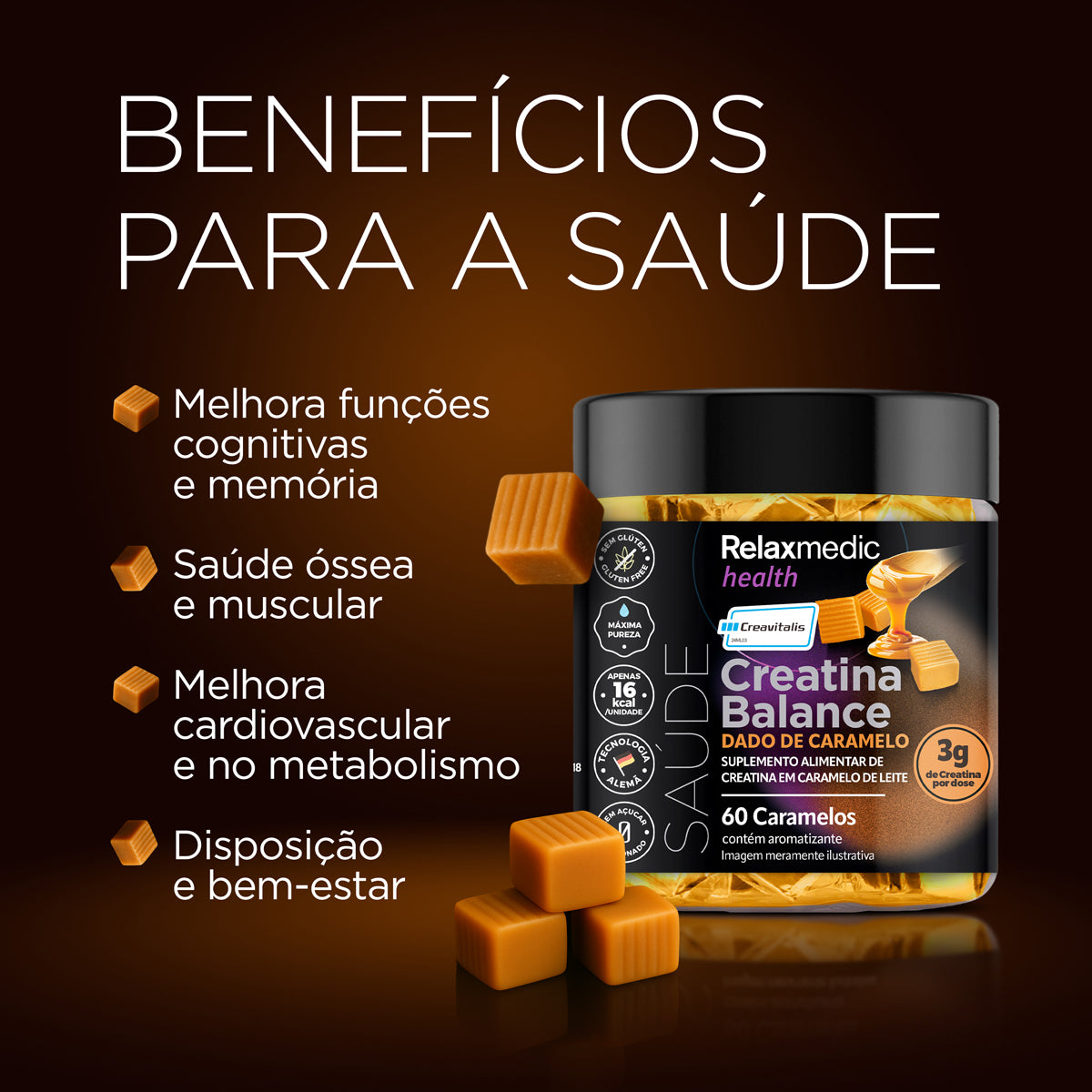 Creatina Dado de Caramelo 100% Pura Alemã Creavitalis® 60un