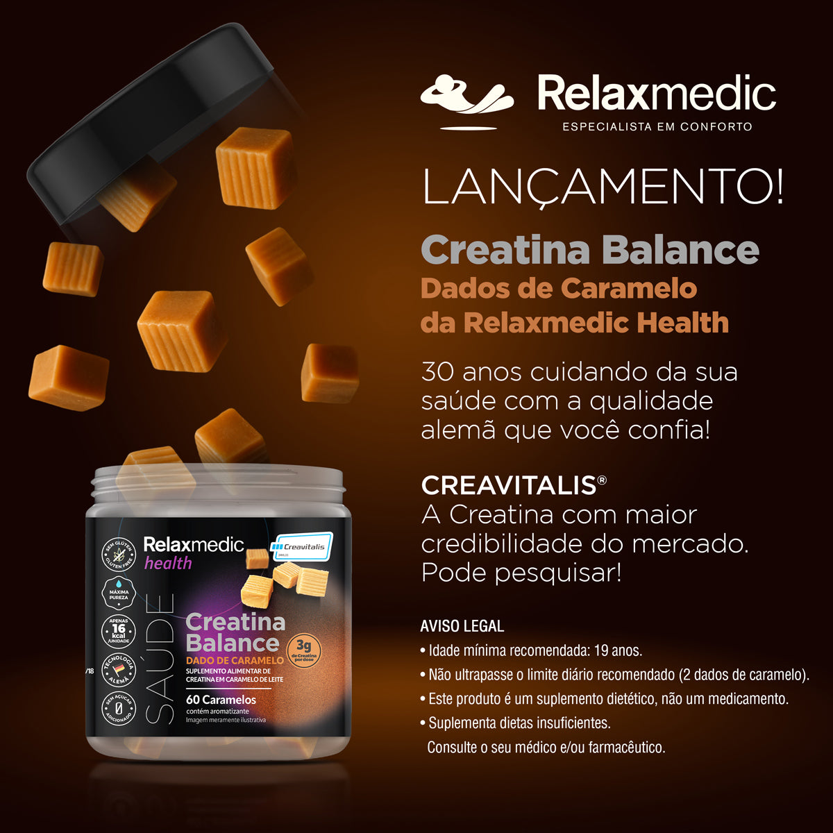 Creatina Dado de Caramelo 100% Pura Alemã Creavitalis® 60un
