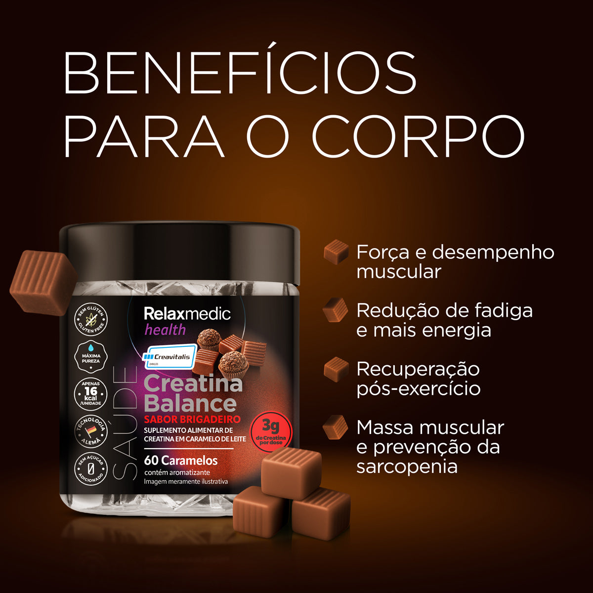 Creatina Sabor Brigadeiro 100% Pura Alemã Creavitalis® 60un