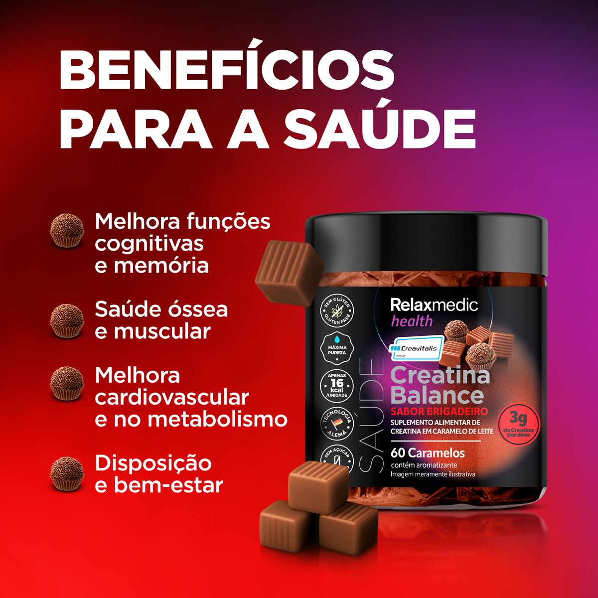 Creatina Balance Dado de Brigadeiro 100% Pura Alemã Creavitalis® 60un