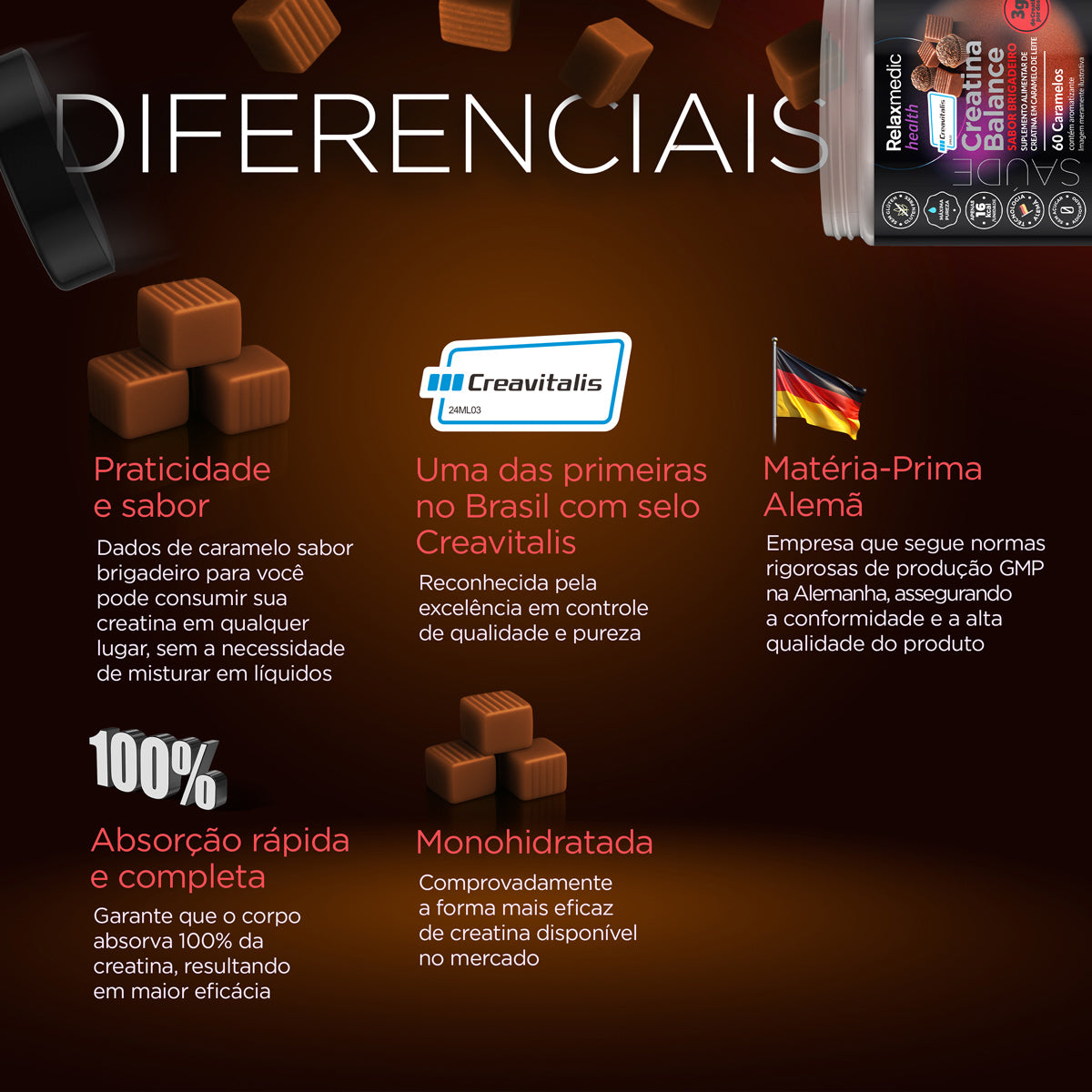 Creatina Sabor Brigadeiro 100% Pura Alemã Creavitalis® 60un