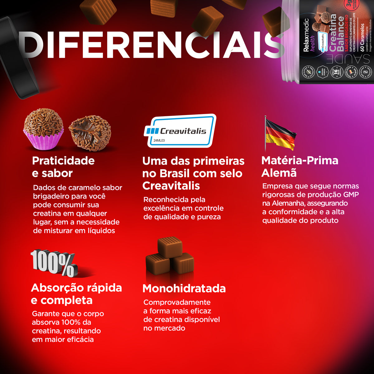 Creatina Balance Dado de Brigadeiro 100% Pura Alemã Creavitalis® 60un