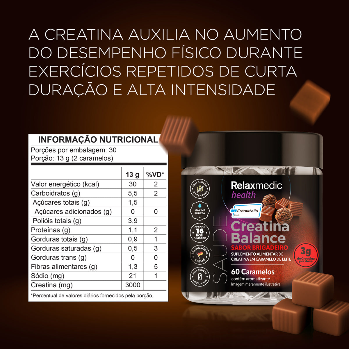Creatina Sabor Brigadeiro 100% Pura Alemã Creavitalis® 60un