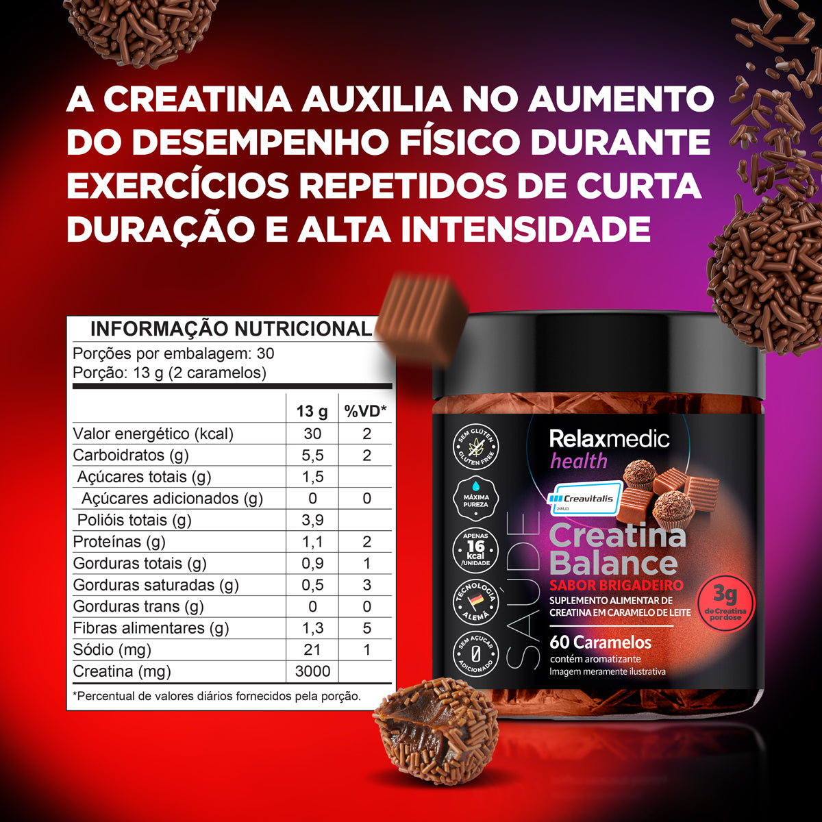Creatina Balance Dado de Brigadeiro 100% Pura Alemã Creavitalis® 60un