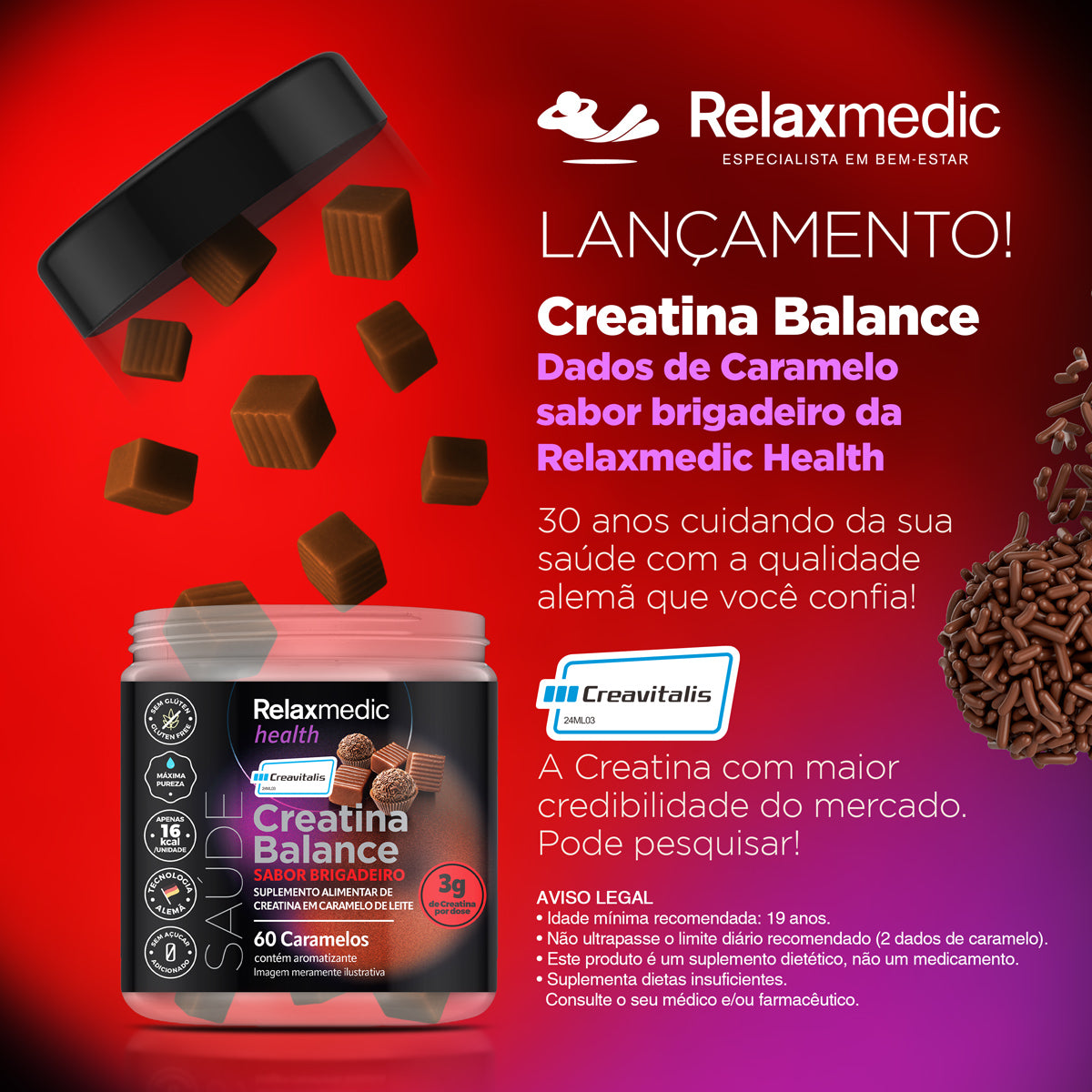 Creatina Balance Dado de Brigadeiro 100% Pura Alemã Creavitalis® 60un