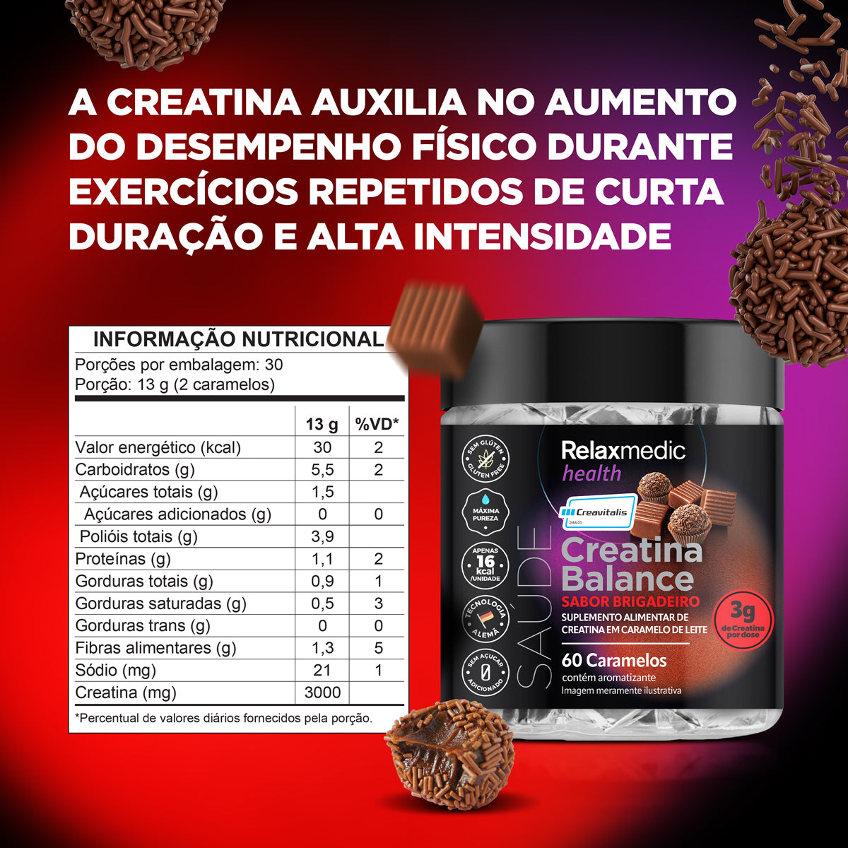 Creatina Sabor Brigadeiro 100% Pura Alemã Creavitalis® 60un