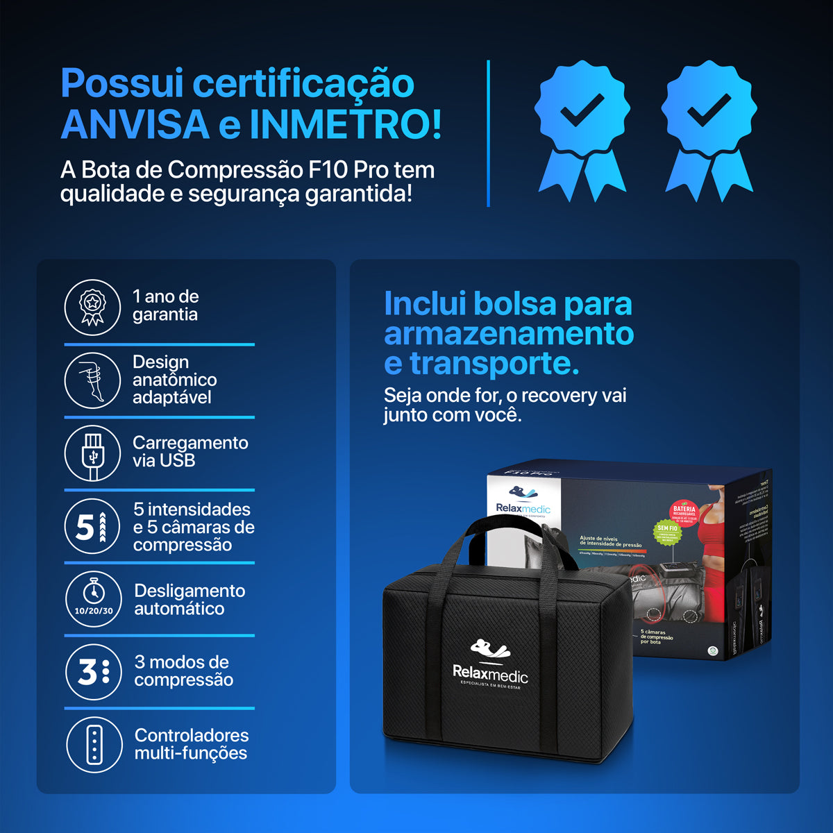 Bota de Compressão Pneumática F10 Pro – Acompanha Bolsa de Transporte